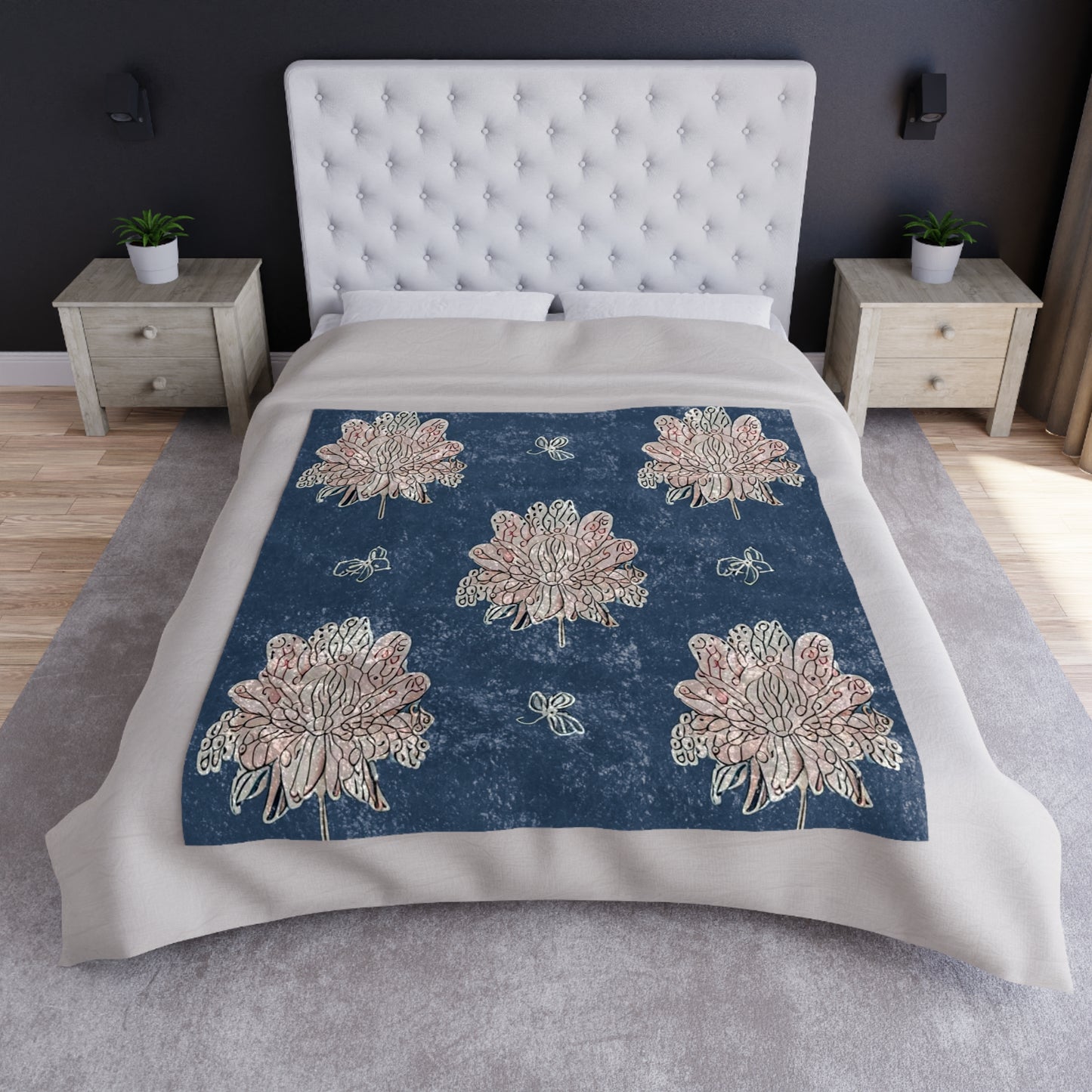 Rose White Floral Butterflies 50" x 60" Crushed Velvet Blanket