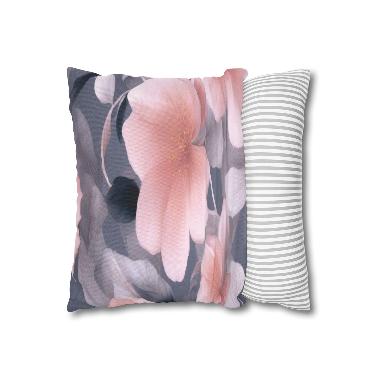 Peach and Blue Gray Floral Bunch Spun Polyester Square Pillowcase, 14" x 14"
