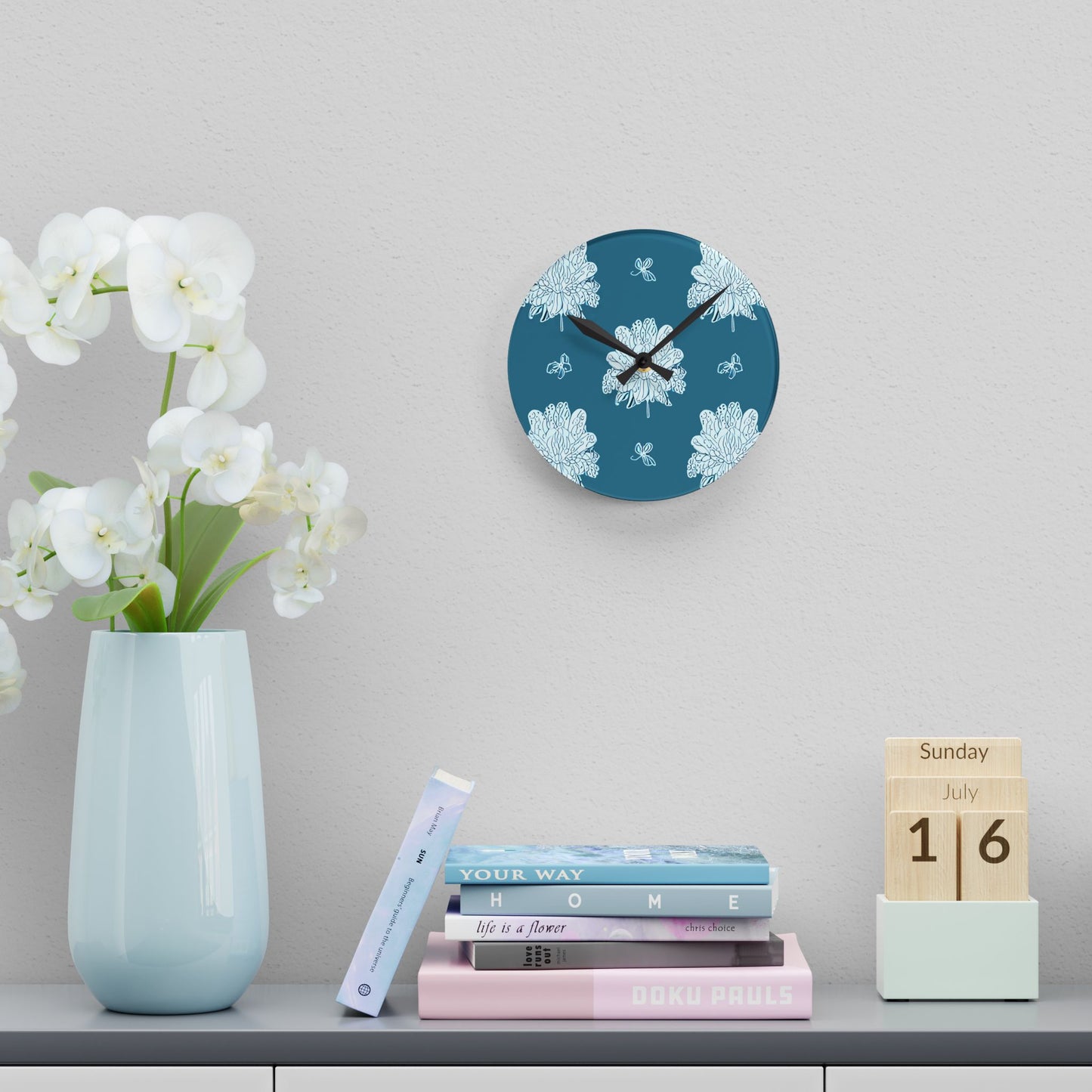 Tif Green White Floral Butterflies Acrylic Round Wall Clock, 8" x 8"