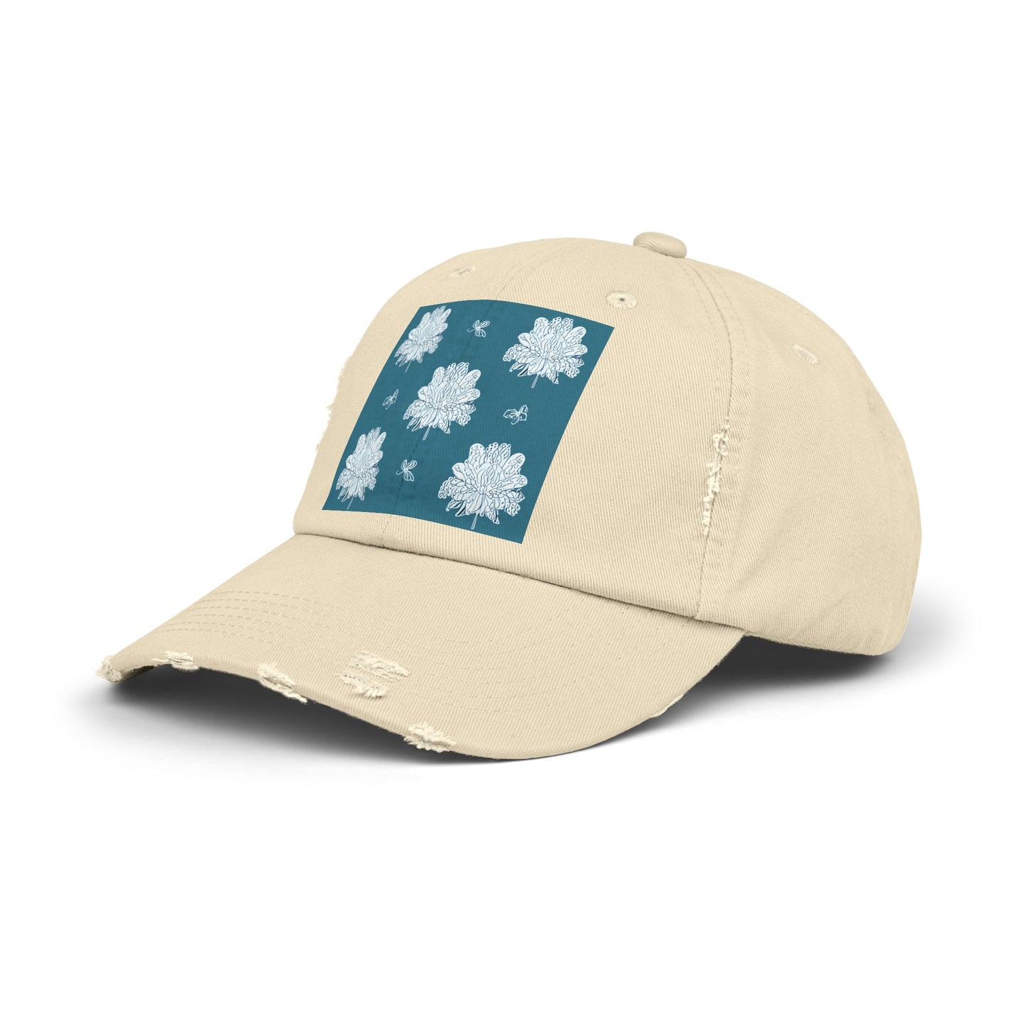 Tif Green White Floral Butterflies Unisex Distressed Cap