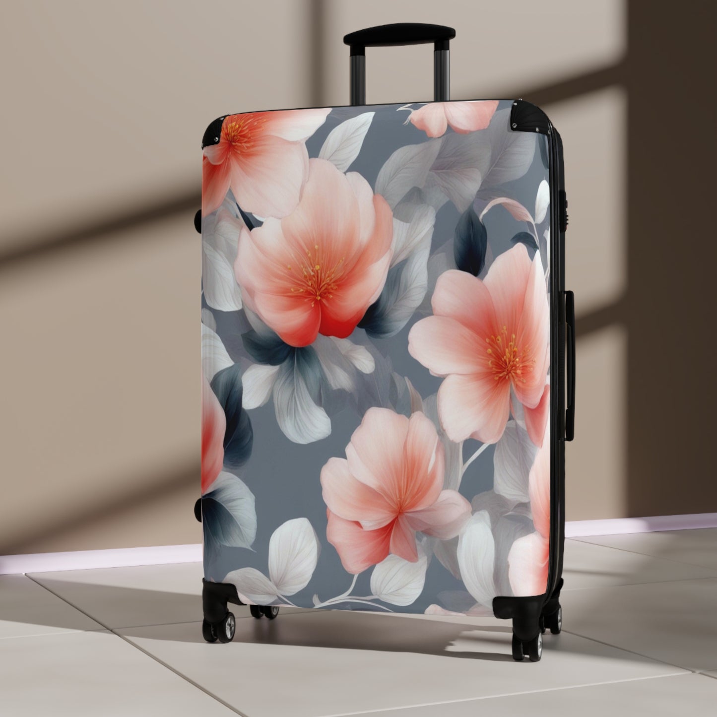 Red Blossom Floral Bunch Large Suitcase with built in lock, 4 double-wheels, telescopic handle, and ABS back hard-shell