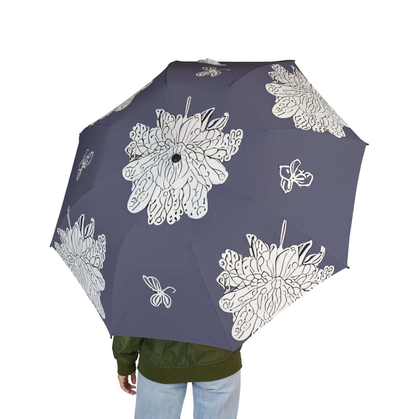 White Floral Butterflies Foldable Umbrella - Compact & Chic