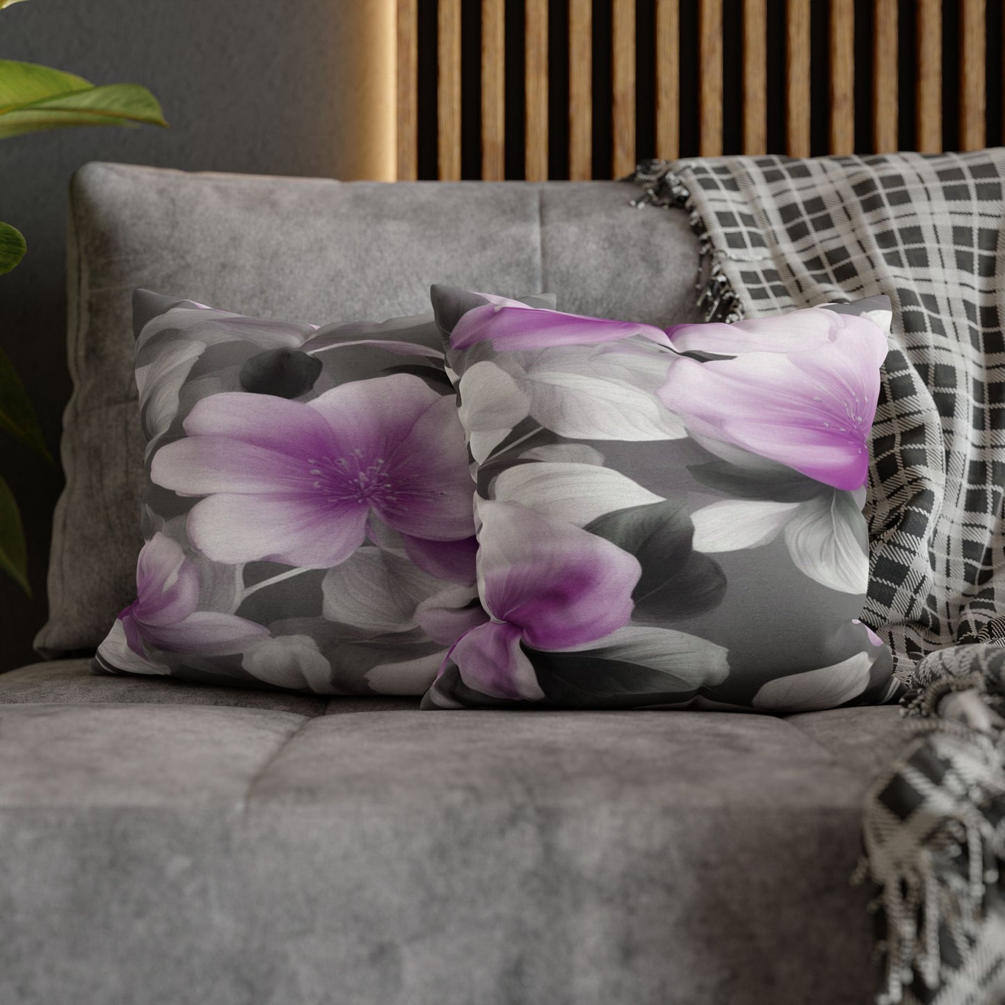 Purple Blossom Floral Bunch Spun Polyester Square Pillowcase, 14" x 14"