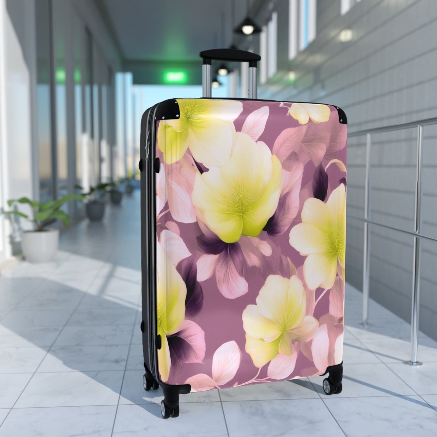 Lemon Blossom Floral Bunch Large Suitcase with built in lock, 4 double-wheels, telescopic handle, and ABS back hard-shell