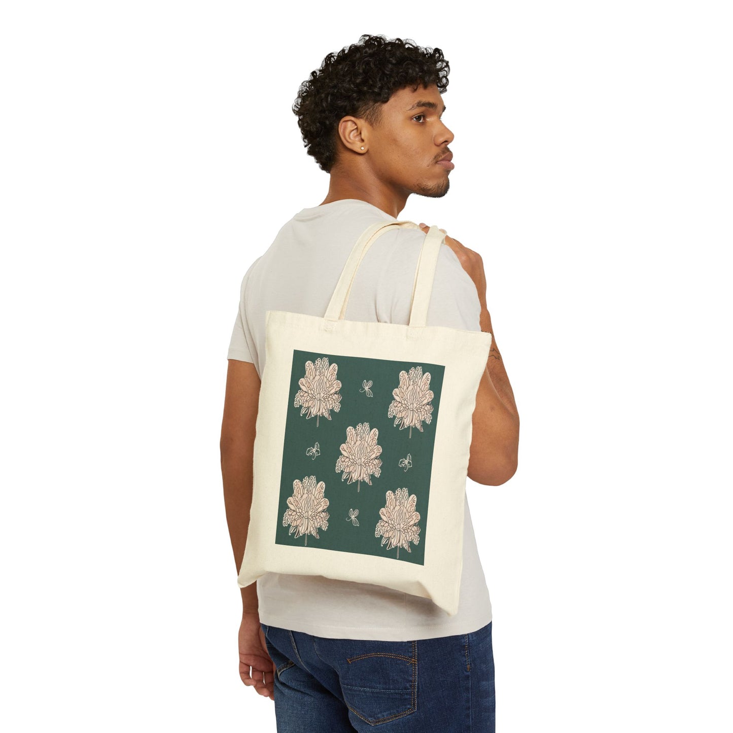 Soft White Floral Butterflies Cotton Canvas Tote Bag
