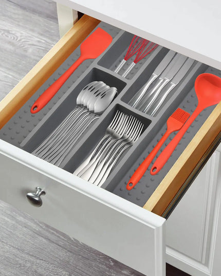 Premium Silicone Non-Slip Silverware Drawer Organizer – Adjustable Kitchen Utensil Divider Tray for Spoons, Forks, and Knives (Grey)