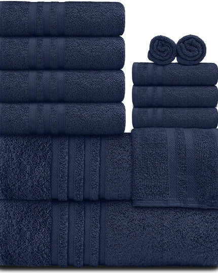 Product Description:  12-Piece Bath Towel Set: Includes everything you need for a complete bathroom refresh.  Premium Quality: Made from 100% soft, absorbent cotton for ultimate comfort and durability.  Luxurious Feel: Gentle on the skin, ideal for everyd