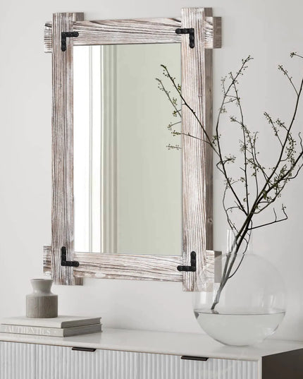Farmhouse Bathroom Mirror – Rustic White Wood Frame, Decorative Wall-Mounted Rectangular Mirror for Bathroom, Bedroom, or Living Room, 40" x 28" Inch