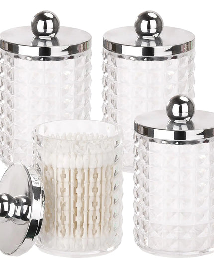 4 Pack Qtip Holder 10 oz Plastic Apothecary Jar Set for Bathroom Canister Storage Organization Bathroom Dispenser for Cotton Ball Cotton Swab Cotton Pads Floss Picks - Sliver Lids