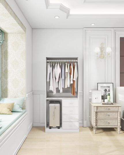 White Wooden Closet System – Standalone Wardrobe with 4 Drawers, Hanging Rod, 31.5"W × 15.7"D × 70.8"H
