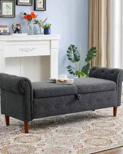 Grey Teddy Velvet Multifunctional Storage Rectangular Sofa Stool