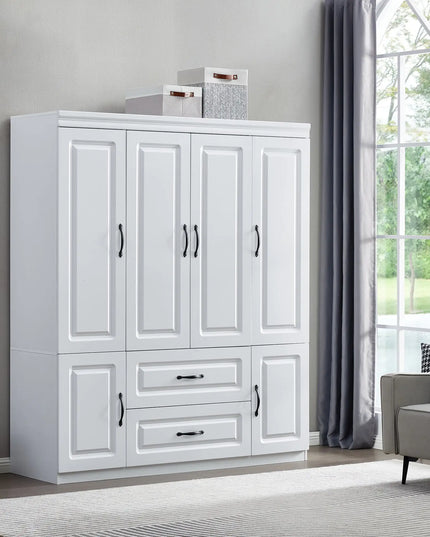 White Solid Wood Freestanding Wardrobe Closet for Clothes Storage. Bedroom Wardrobe Storage Cabinet featuring 2 Hanging Rod Shelves, 2 Drawers, and 5 Storage Compartments