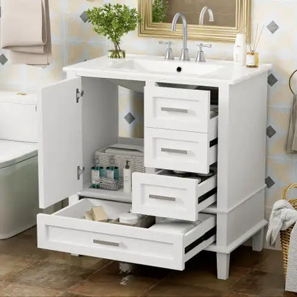 30" Modern Bathroom Vanity Cabinet with Sink – Solid Wood Frame, Soft-Close Door & 3 Drawers Storage Combo