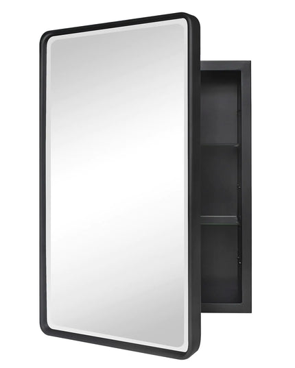 Farmhouse Black Metal Framed Recessed Bathroom Medicine Cabinet with Beveled Rounded Rectangle Mirror, 16" x 24" inches