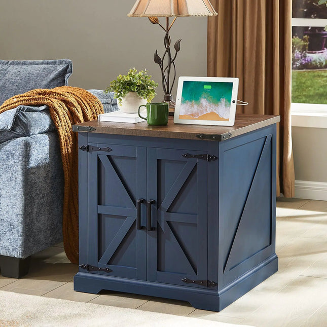 Barnyatoh Farmhouse End Table with Charging Station – 24" Rustic Wood Side Table with Barn Door, Adjustable Storage Shelf, Nightstand for Living Room or Bedroom (Blue)