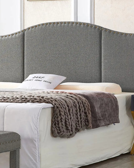 Colette Mid-Century Linen Upholstered Tufted King Headboard with Antique Brass Nailhead Trim – Granite (Fits King/California King)