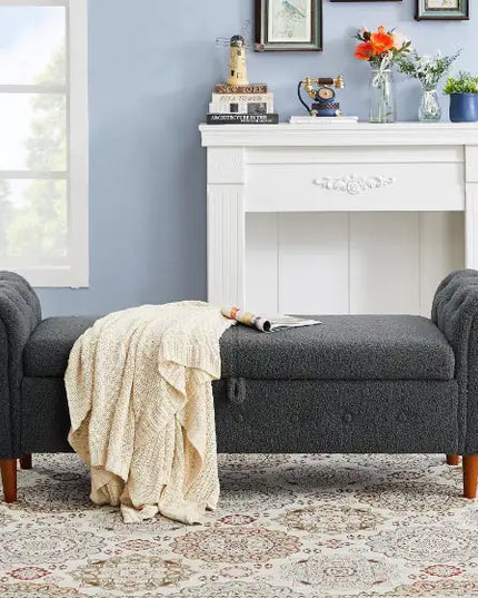 Grey Teddy Velvet Multifunctional Storage Rectangular Sofa Stool