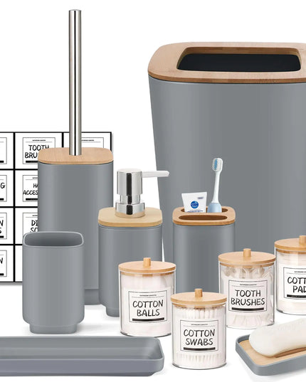 11-Piece Grey Bathroom Gift Set – Soap Dispenser, Toothbrush Holder, Q-tip Dispenser, Toilet Brush, Trash Can & More