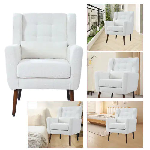 Contemporary Teddy Fabric Lounge Chair โ White Upholstered Armchair for Bedroom or Living Room