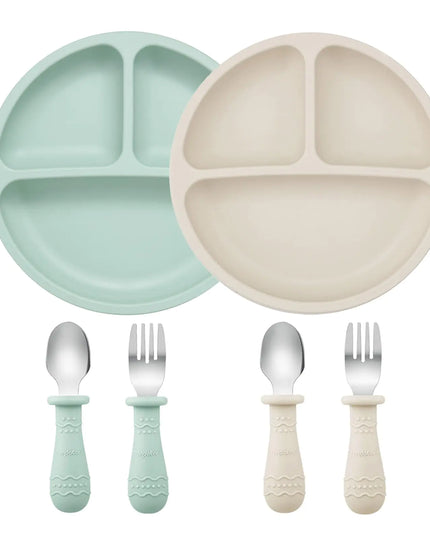 Baby Feeding Set – 2-Pack Silicone Suction Plates with Forks & Spoons | Baby-Led Weaning Utensils