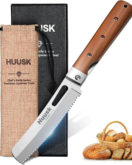 Huusk Folding Bread Knife – Portable 440C Stainless Steel Knife with Wavy Edge for Bread, Steak, and Tomatoes