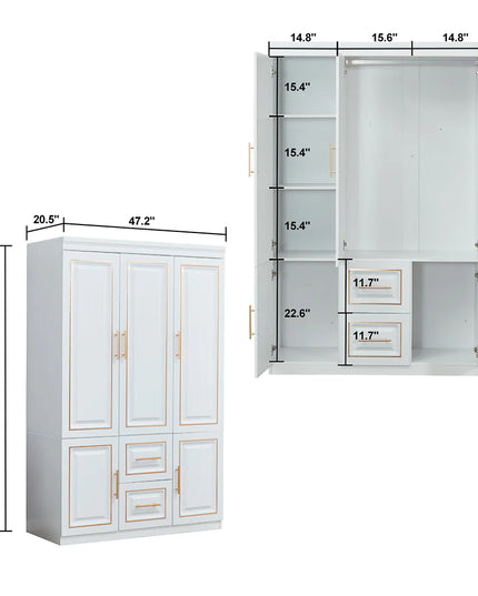 White Freestanding Armoire Wardrobe Closet – 74" H, 3 Doors, 2 Drawers, Hanging Rod & Shelves for Clothes Storage