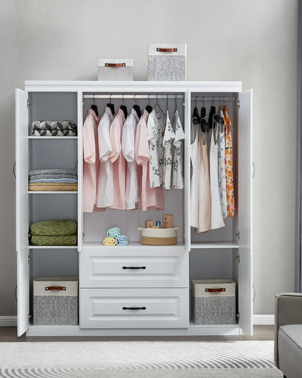 White Solid Wood Freestanding Wardrobe Closet for Clothes Storage. Bedroom Wardrobe Storage Cabinet featuring 2 Hanging Rod Shelves, 2 Drawers, and 5 Storage Compartments