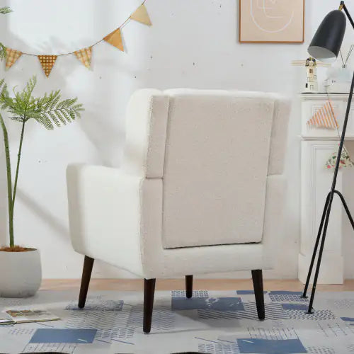 Contemporary Teddy Fabric Lounge Chair โ White Upholstered Armchair for Bedroom or Living Room
