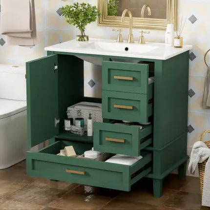 30" Modern Bathroom Vanity Cabinet with Sink – Solid Wood Frame, Soft-Close Door & 3 Drawers Storage Combo