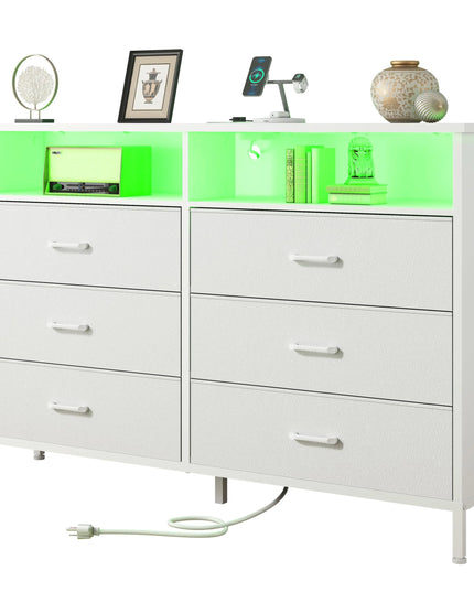 White Fabric Dresser with LED Lights & Charging Station – 6-Drawer Tall Chest, TV Stand for up to 60" for Bedroom or Living Room