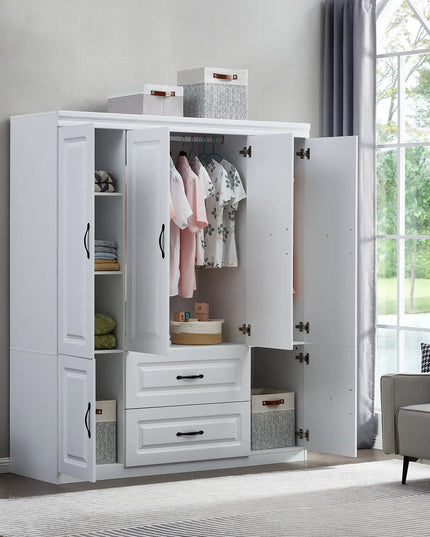 White Solid Wood Freestanding Wardrobe Closet for Clothes Storage. Bedroom Wardrobe Storage Cabinet featuring 2 Hanging Rod Shelves, 2 Drawers, and 5 Storage Compartments