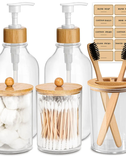 5-Piece Bamboo Bathroom Accessory Set – Boho Style Soap Dispenser, Toothbrush Holder, Q-tip & Cotton Ball Holders for Bathroom Counter Decor