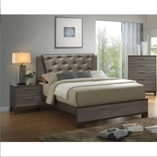 Antique Gray Contemporary Nightstand – Brass Pulls & Metal Glides, Two-Tone Design