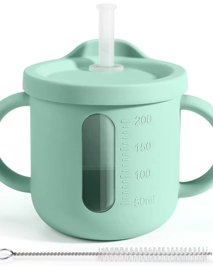 200ml Silicone Toddler Training Cup with Straw, Lid & Handles – Baby-Led Weaning Cup for Infants 6+ Months (Sage Green)