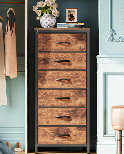 Huuger 6-Drawer Tall Fabric Dresser with Metal Frame – Rustic Brown Storage Tower for Bedroom & Closet