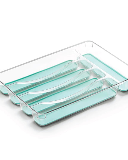 5-Slot Silverware Organizer with Grip Lining – Plastic Utensil Tray for Kitchen Drawer (Aqua)