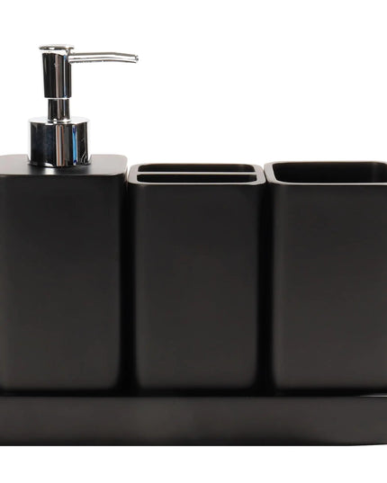 4-Piece Black Bathroom Accessories Set – Soap Dispenser, Toothbrush & Q-tip Holders – Modern Sink Set