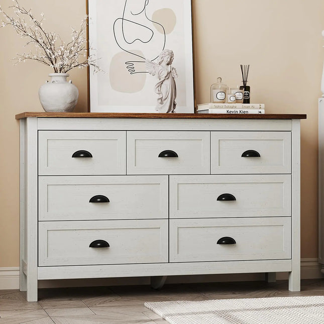 HOUROM Farmhouse White Dresser for Bedroom Wide Wood Dressers & Chests of Drawers with Vintage Black Handle 7 Drawer Dresser for Bedroom, Hallway or Entryway Antique White