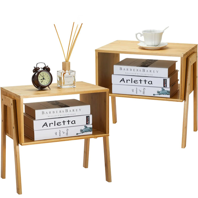 Pipishell Bamboo Stackable End Tables – Set of 2 Wood Nightstands for Living Room & Bedroom Storage