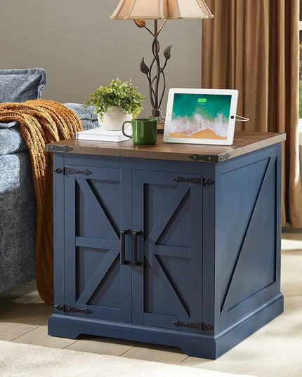 Barnyatoh Farmhouse End Table with Charging Station – 24" Rustic Wood Side Table with Barn Door, Adjustable Storage Shelf, Nightstand for Living Room or Bedroom (Blue)