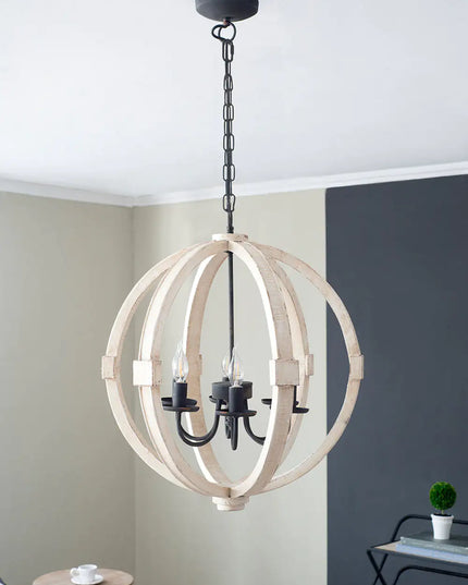6 - Light Wood Chandelier With Adjustable Chain For Kitchen, Dining Hall Entrance, Bulb Not Included