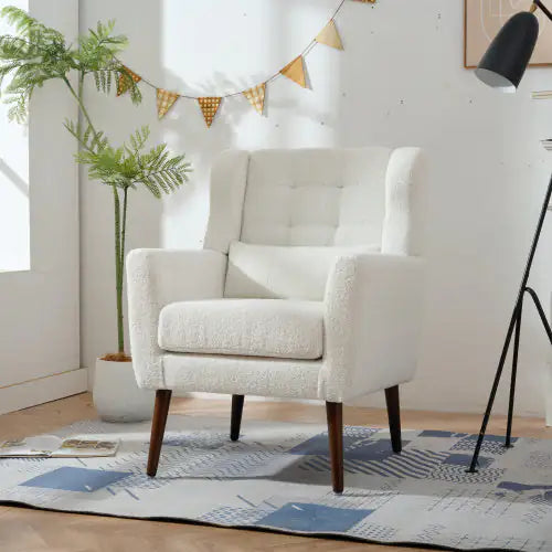 Contemporary Teddy Fabric Lounge Chair โ White Upholstered Armchair for Bedroom or Living Room