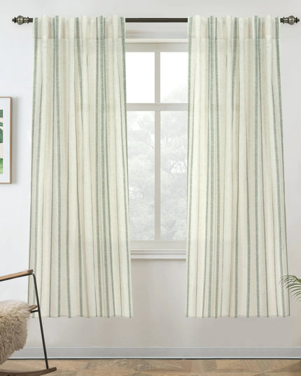 DriftAway Linen Blend Vertical Striped Curtains, 63", 2 Panels – Light Filtering, Farmhouse Style, Loden Green