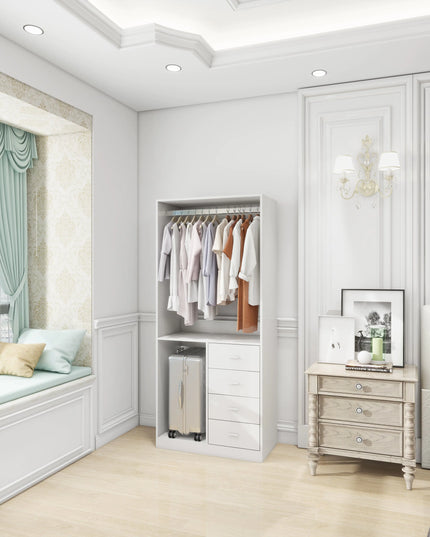 White Wooden Closet System – Standalone Wardrobe with 4 Drawers, Hanging Rod, 31.5"W × 15.7"D × 70.8"H