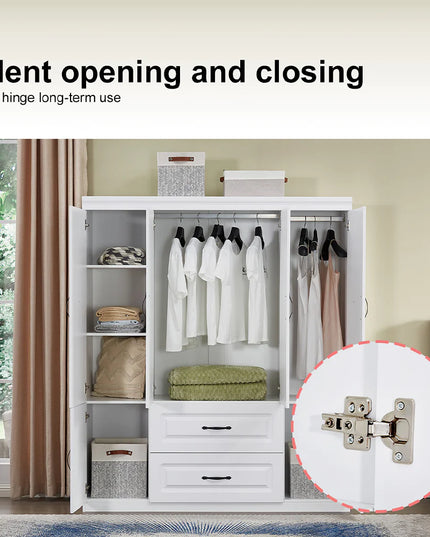 White Solid Wood Freestanding Wardrobe Closet for Clothes Storage. Bedroom Wardrobe Storage Cabinet featuring 2 Hanging Rod Shelves, 2 Drawers, and 5 Storage Compartments