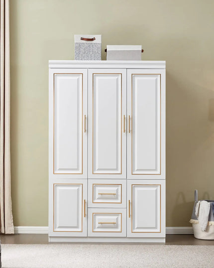 White Freestanding Armoire Wardrobe Closet – 74" H, 3 Doors, 2 Drawers, Hanging Rod & Shelves for Clothes Storage