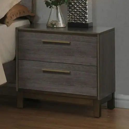 Antique Gray Contemporary Nightstand – Brass Pulls & Metal Glides, Two-Tone Design