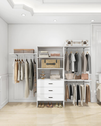 White Wooden Closet Organizer System – Wall-Mounted Shelves, Drawers & Hanging Rod for Clothes Storage