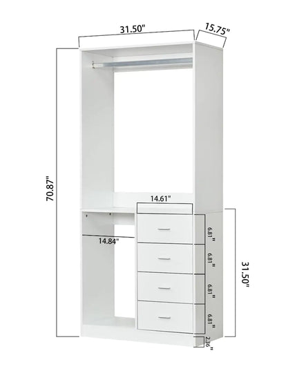White Wooden Closet System – Standalone Wardrobe with 4 Drawers, Hanging Rod, 31.5"W × 15.7"D × 70.8"H