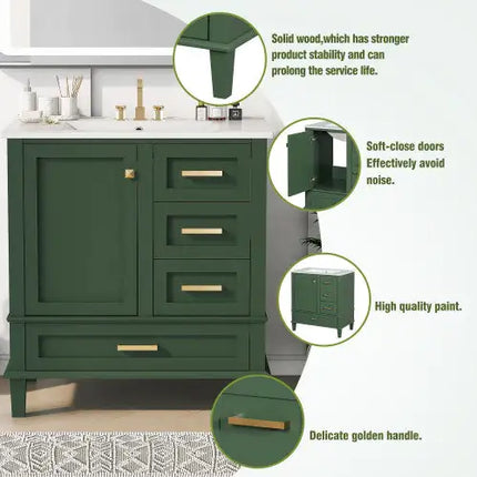 30" Modern Bathroom Vanity Cabinet with Sink – Solid Wood Frame, Soft-Close Door & 3 Drawers Storage Combo